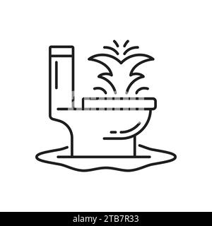 Icona del servizio idraulico. Icona vettoriale lineare per il fissaggio del bagno della casa, la riparazione delle acque reflue o la pulizia dei tubi. Simbolo della linea sottile del servizio idraulico o cartello con allagamento in bagno a causa dell'intasamento della toilette Illustrazione Vettoriale