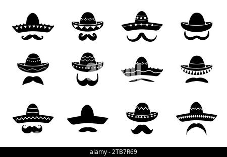 Icone di cappello sombrero mariachi messicani e baffi. Costume da festa della cultura ispanica, sombrero maschile amigo messicano o simbolo vettore cappello musicista mariachi messicano con ornamenti etici e baffi ricci Illustrazione Vettoriale