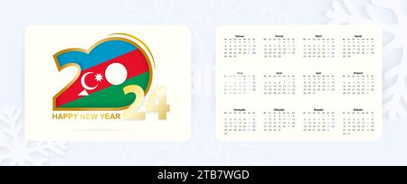 Calendario tascabile orizzontale 2024 in lingua azera. Icona di Capodanno 2024 con bandiera dell'Azerbaigian. Calendario vettoriale. Illustrazione Vettoriale