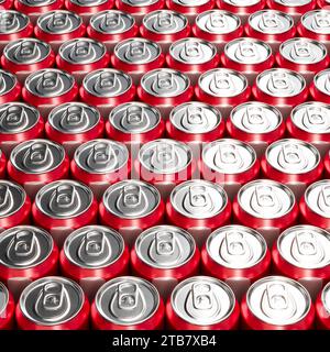 Vista ravvicinata dall'alto di una disposizione ordinata di lattine di bibite rosse, che presenta un motivo visivamente suggestivo formato dalle loro maglie lucide e dalla t Foto Stock