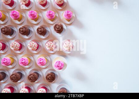 Una deliziosa collezione di cupcake assortiti, caratterizzati da ricchi sapori di cioccolato e vaniglia cremosi adornati con glassa rosa e marrone, eleg presentato Foto Stock