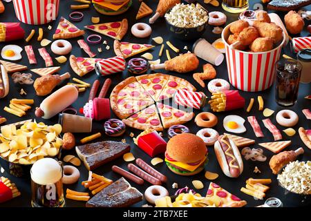 Un'esposizione vibrante e allettante che presenta un'ampia varieta' di popolari classici fast food organizzati meticolosamente per formare un sontuoso e appetitoso banchetto Foto Stock