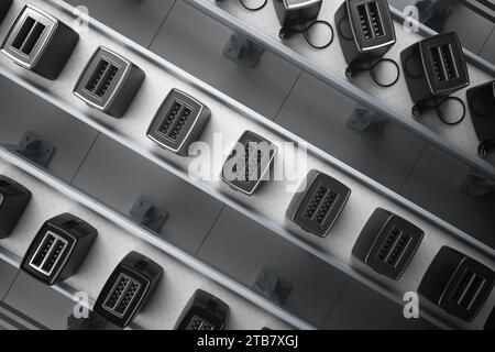 I tostapane neri di precisione con eleganti finiture in argento sono disposti simmetricamente su una serie di nastri trasportatori, che mostrano i moderni produttori Foto Stock