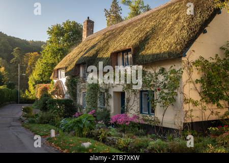 Idilliaco cottage con tetto in paglia nel villaggio di Dunster, Exmoor National Park, Somerset, Inghilterra. Autunno (ottobre) 2022. Foto Stock