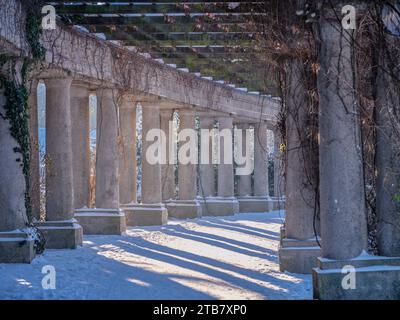 Centennial Hall Pergola Giardino Giapponese Parco Szczytnicki nella neve invernale di Breslavia bassa Slesia Polonia Foto Stock