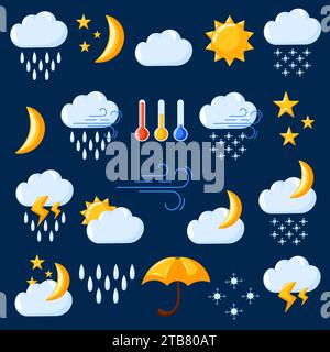 Simboli meteorologici in stile cartone animato. Elementi per le previsioni meteo. Temporale, fulmini, pioggia, docce, nuvole, termometro a gocce, vento, freddo e caldo Illustrazione Vettoriale