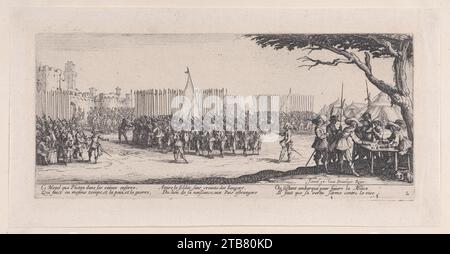 L'Enrolement des Troupes (l'arruolamento delle truppe), da Les Miseres et les mal-Heures de la Guerre (la miserie e le disgrazie della guerra), targa 2 1957 di Jacques Callot Foto Stock