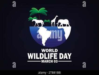 Illustrazione del design vettoriale del World Wildlife Day. Marzo 03. Adatto per biglietti d'auguri, poster e striscioni Illustrazione Vettoriale