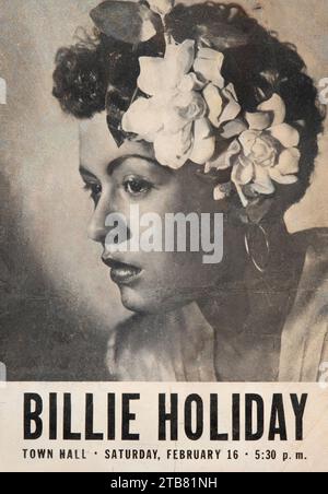 Poster Jazz d'epoca - Billie Holiday 16 febbraio 1946 New York City, Municipio, biglietto da concerto - volantino Foto Stock