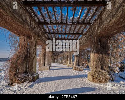 Centennial Hall Pergola Giardino Giapponese Parco Szczytnicki nella neve invernale di Breslavia bassa Slesia Polonia Foto Stock