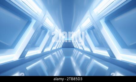 Tunnel di corridoio della nave della stazione spaziale, pannelli futuristici luminosi di colore blu, pareti metalliche riflettono la luce. Podio lungo. rendering 3d. Foto Stock