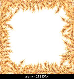 Campo quadrato di grano. Telaio con spighe di grano. Illustrazione ad acquerello disegnata a mano isolata su sfondo bianco. Per design, volantini, inviti Foto Stock