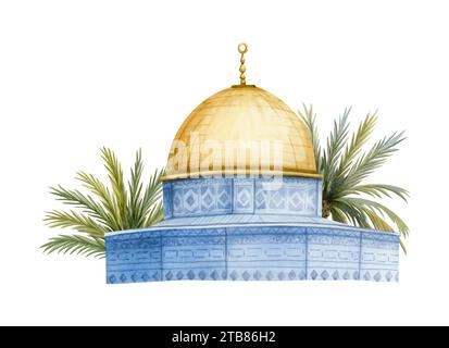 La Cupola della Moschea con palme a Gerusalemme, illustrazione ad acquerello. Al Aqsa sul Monte del Tempio in Israele Foto Stock