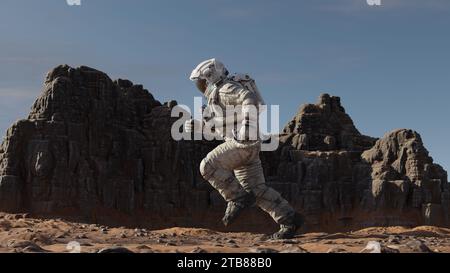 Astronauta che corre attraverso il pianeta Marte, esplorando altri pianeti e mondi. Cosmonauta in una tuta spaziale bianca sul pianeta rosso, paesaggio. rendering 3d. Foto Stock