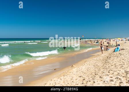 Biscarosse-(Francia sud-occidentale), spiaggia di Biscarosse-Plage: Turisti sulla sabbia e surfisti tra le onde dell'Oceano Atlantico Foto Stock