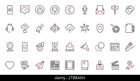 Creazione di contenuti, set di icone di tendenza rosse nere e sottili, marketing digitale e storytelling nei social media. Illustrazione Vettoriale