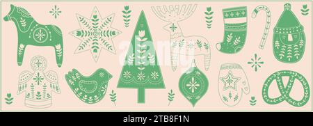 Set natalizio scandinavo.Stampa per biglietti d'auguri Illustrazione Vettoriale