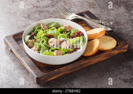 Semplice insalata di fegato di merluzzo, rucola fresca e pomodori secchi serviti con toast da vicino in una ciotola sul tavolo. Orizzontale Foto Stock