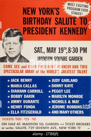 John F. Kennedy JFK, Marilyn Monroe 1962 "buon compleanno, signor Presidente" MSG New York Advertising poster - compleanno salute al presidente Kennedy Foto Stock