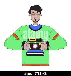 Allegro uomo arabo con fotocamera retrò personaggio di cartoni animati lineari 2D. Illustrazione Vettoriale