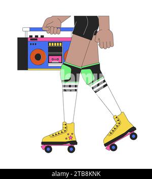 Pattinatore a rotelle che trasporta boombox 2D con gambe di cartone animato lineare in primo piano Illustrazione Vettoriale