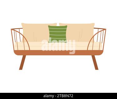 Morbido divano in rattan Garden. Paesaggio del cortile, illustrazione vettoriale di cartoni animati per esterni Illustrazione Vettoriale