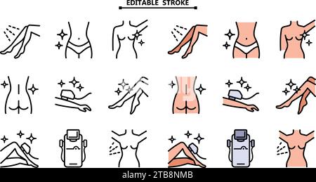 Set di icone per la rimozione dei peli laser. Tratto modificabile. Icone della linea di epilazione laser. Segni di rimozione dei peli. Attrezzatura per l'epilazione. Illustrazione vettoriale. Illustrazione Vettoriale