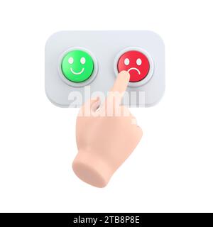 La mano del cartone animato del cliente delusa preme il pulsante rosso. Clip art per attività o mercato. Esperienza negativa illustrazione 3d emozione.rendering 3D su wh Foto Stock