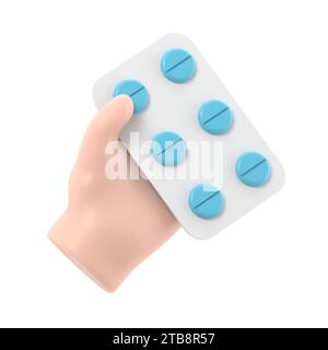 rendering 3d. Icona confezione di pillole. Mano di cartone animato medico o farmacista con pelle nera contenente farmaci. Illustrazione per il settore medicale. Clip farmaceutica a Foto Stock