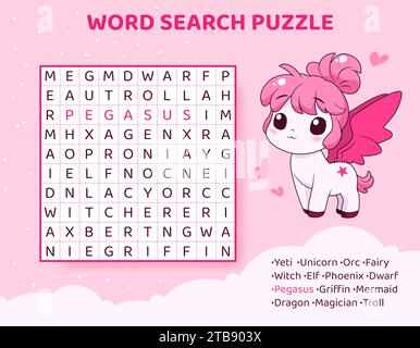 Puzzle di ricerca per parole con creature e animali magici. Illustrazione Vettoriale