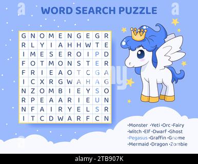 Puzzle di ricerca per parole con creature e animali magici. Illustrazione Vettoriale