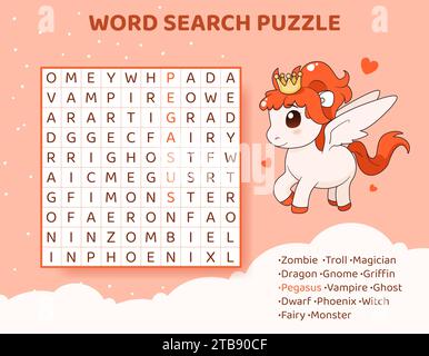 Puzzle di ricerca per parole con creature e animali magici. Illustrazione Vettoriale