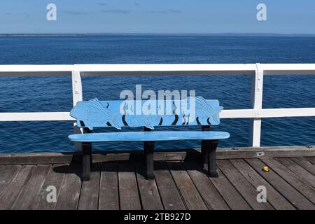 Busselton, Australia Occidentale, settembre 25 2023: Panca blu decorata con pesci intagliati sul molo Foto Stock