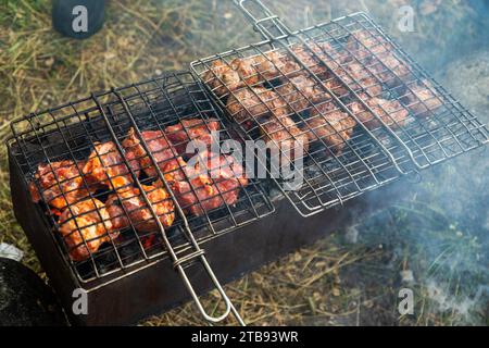 Grigliate con carne di manzo su un braciere con carbone fiammeggiante. Barbecue all'aperto Foto Stock