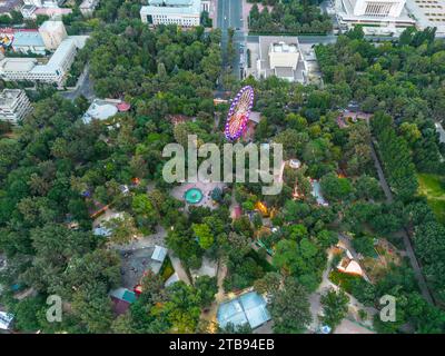 Vista aerea del Parco Panfilov nella città di Bishkek con ruota panoramica circondata da alberi verdi Foto Stock