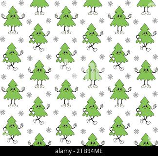 Motivo vettoriale senza cuciture dell'albero di Natale dei cartoni animati in stile retrò isolato su sfondo bianco Illustrazione Vettoriale