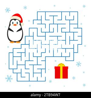 Labirinto di Natale del gioco. Labirinto vettoriale con pinguini e regalo per l'educazione dei bambini. Aiuta il pinguino in un cappello di Babbo Natale a trovare la strada per il regalo. Design piatto Illustrazione Vettoriale