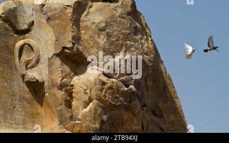 Faccia erosa della testa del colosso di Memnone; Luxor, Egitto Foto Stock