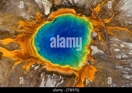 Ammira dall'alto lo spettacolare colore della Grand Prismatic Spring nel parco nazionale di Yellowstone, USA; Wyoming, Stati Uniti d'America Foto Stock