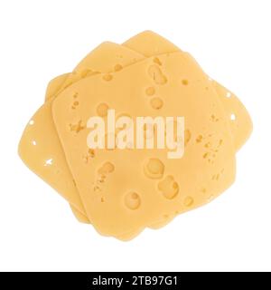 fette di formaggio isolate su fondo bianco, pezzi di formaggio gouda affettato disposti per creare il layout Foto Stock