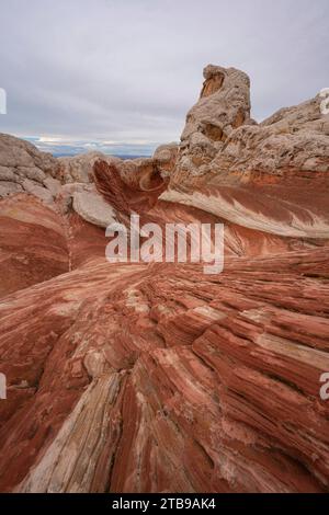 Vista panoramica di vorticosi motivi e formazioni rocciose collinari sotto un cielo nuvoloso, che formano parte del paesaggio alieno di linee, contorni e ... sorprendenti Foto Stock