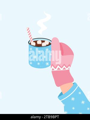 Infilare il guanto rosa tenendo una tazza blu di cioccolata calda con marshmallow. Bevanda invernale calda. Illustrazione del vettore piatto Illustrazione Vettoriale