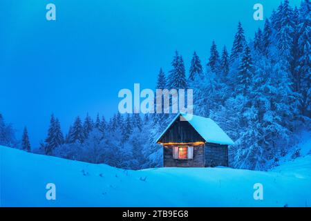 Una casa solitaria in legno circondata da pini innevati in una radura di montagna immersa nel bosco in un paesaggio invernale. Cartolina natalizia. Foresta di montagne innevate Foto Stock