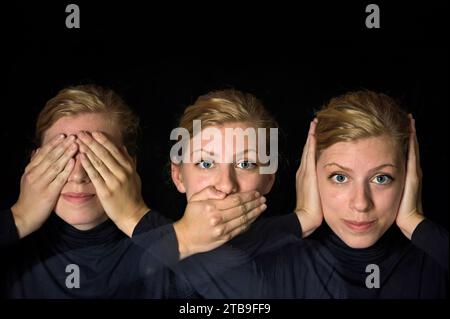 Le esposizioni multiple creano una visione senza male, non parlano, non ascoltano scene malvagie; Studio Foto Stock