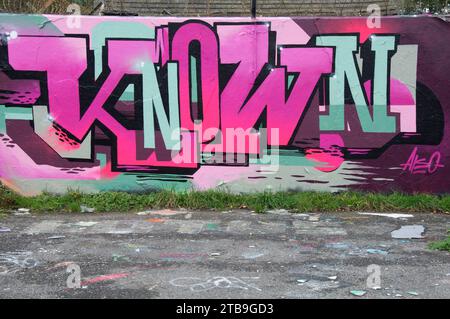 Street art urbana. NOTE lettere colorate di graffiti, dipinte su un muro sotto il cavalcavia Fleetsbridge a Poole. Dorset, Inghilterra, Regno Unito, Regno Unito. Foto Stock