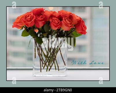 Primo piano di un bouquet di rose coralline in un vaso di vetro vicino a una finestra; Studio Shot Foto Stock