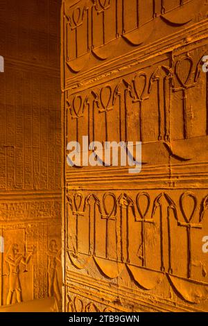 Primo piano dell'opera d'arte geroglifica a bassorilievo sulle pareti all'interno del Tempio di Horus in luce dorata; Edfu, Egitto, Nord Africa Foto Stock