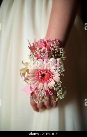 Splendido corsage con fiori rosa sul polso di una ragazza adolescente che va al ballo; Lincoln, Nebraska, Stati Uniti d'America Foto Stock