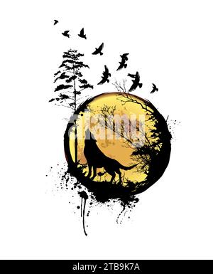 Il lupo astratto nella foresta urla alla luna. disegno manuale. Non ai, illustrazione vettoriale Illustrazione Vettoriale