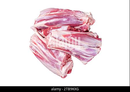 Cosce di agnello crudo in un vassoio di acciaio con erbe aromatiche. Isolata, sfondo bianco Foto Stock